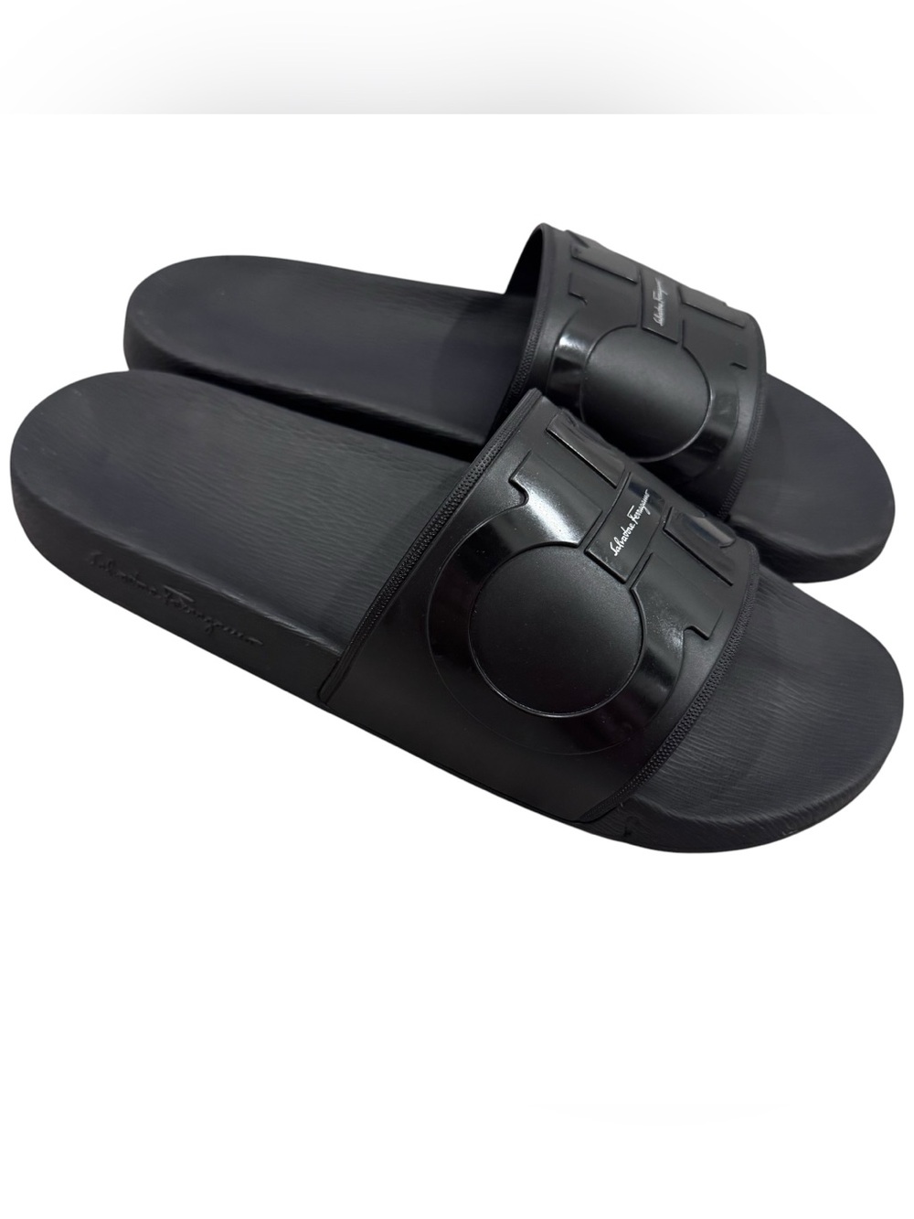 Salvatore Ferragamo Black Slide Sandals Mens Size 9 Groove 2 Rubber Gancini Logo - Picture 3 of 11